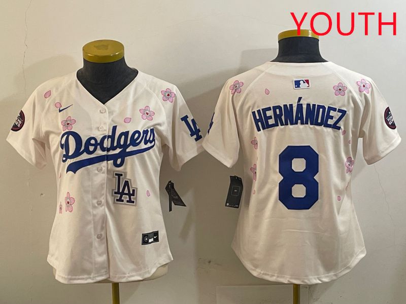 Youth Los Angeles Dodgers #8 Hernandez Cream Sakura Edition 2025 Nike MLB Jersey style 9->youth mlb jersey->Youth Jersey